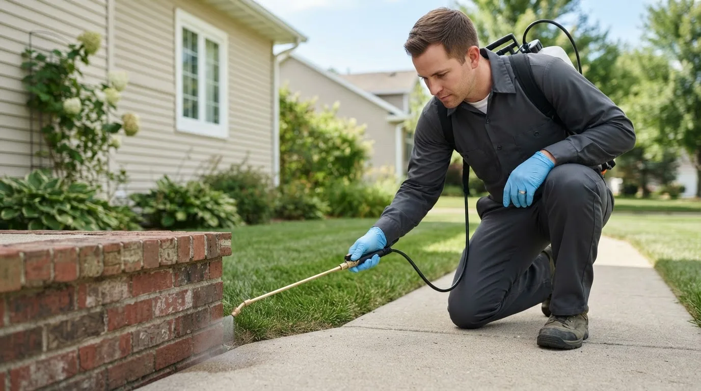 Pest control technician treating a home near Harrisville, OH