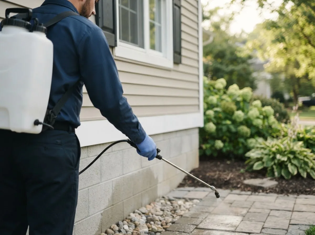 Pest control technician inspecting a home in Harrisville, OH